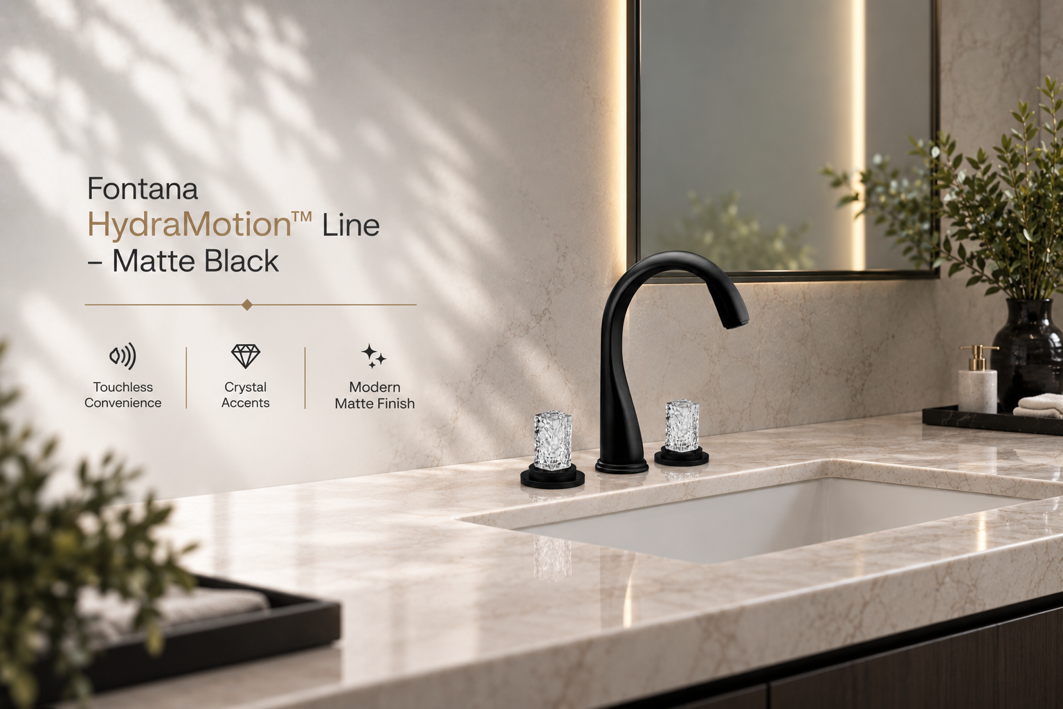Fontana HydraMotion Matte Black Three-Hole Bathroom Basin Faucet with Crystal Handles
